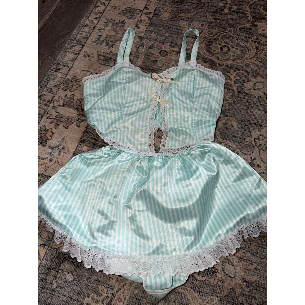 Vintage Shannon Lee New York Lingerie Set Blue White Satin Stripes Lace Skort